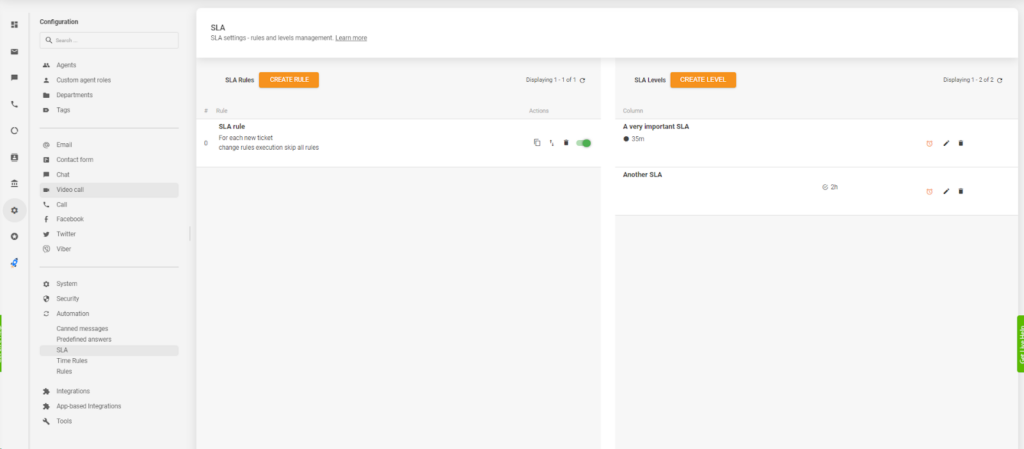 Resumen de las reglas y niveles de SLA en LiveAgent