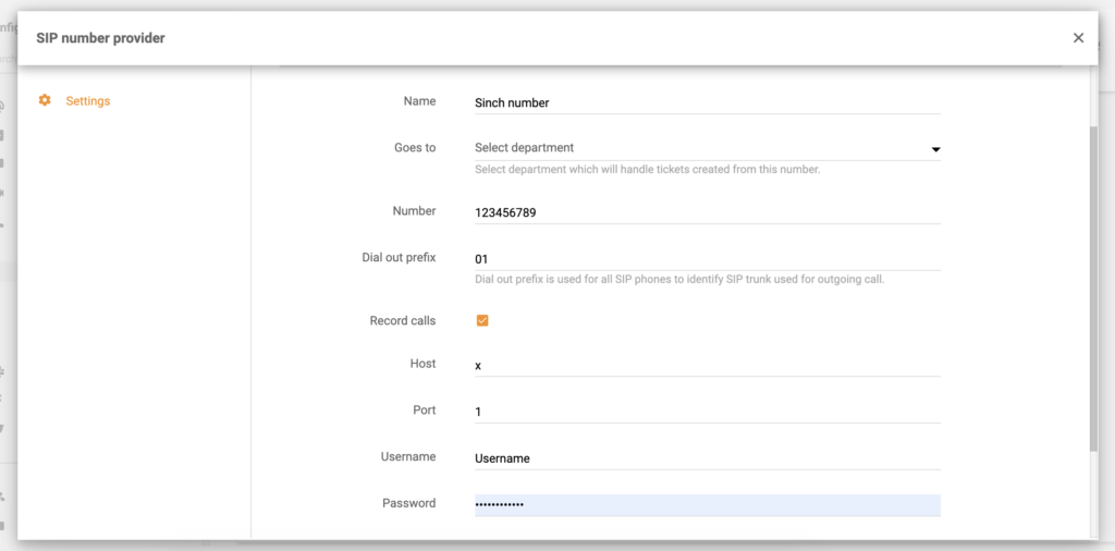 Configuración del número de Sinch en LiveAgent