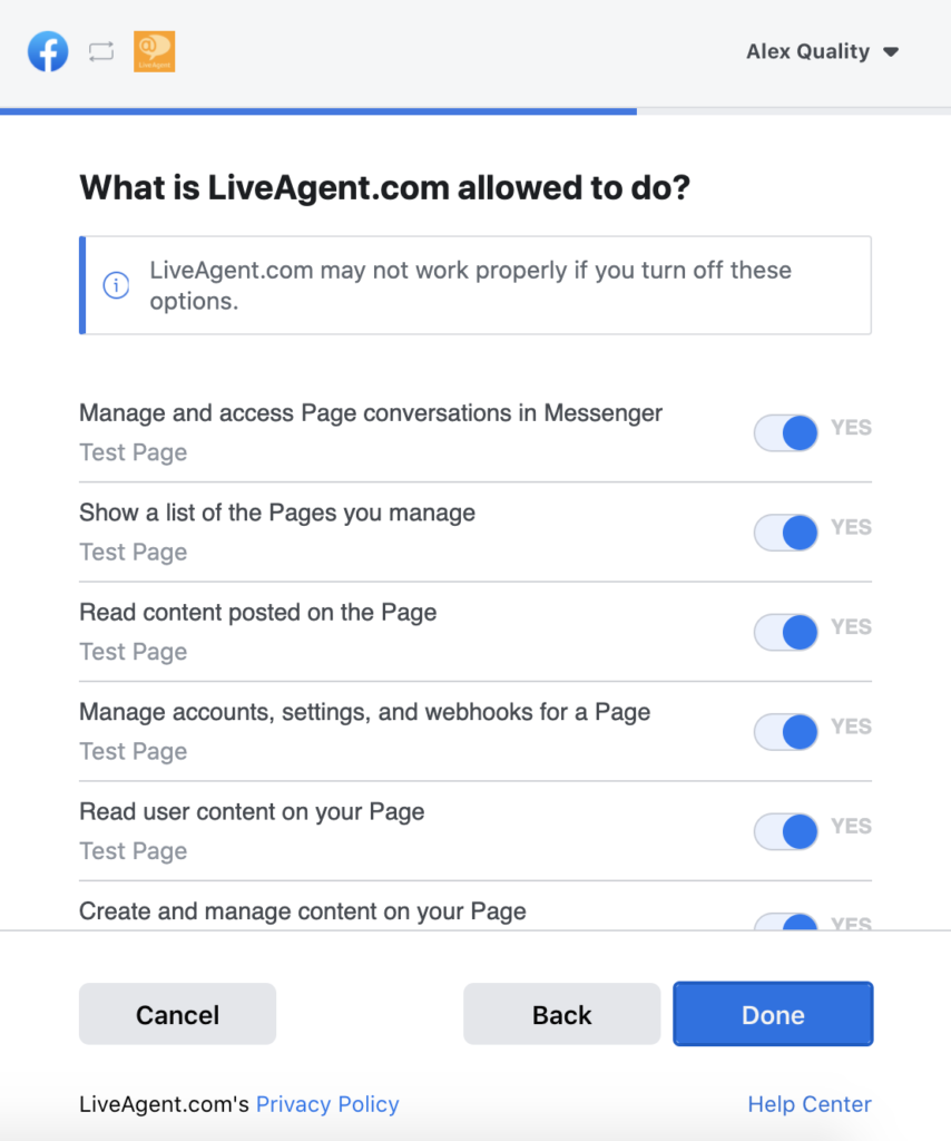 Lista de permisos que muestra qué datos pueden ser accedidos por LiveAgent
