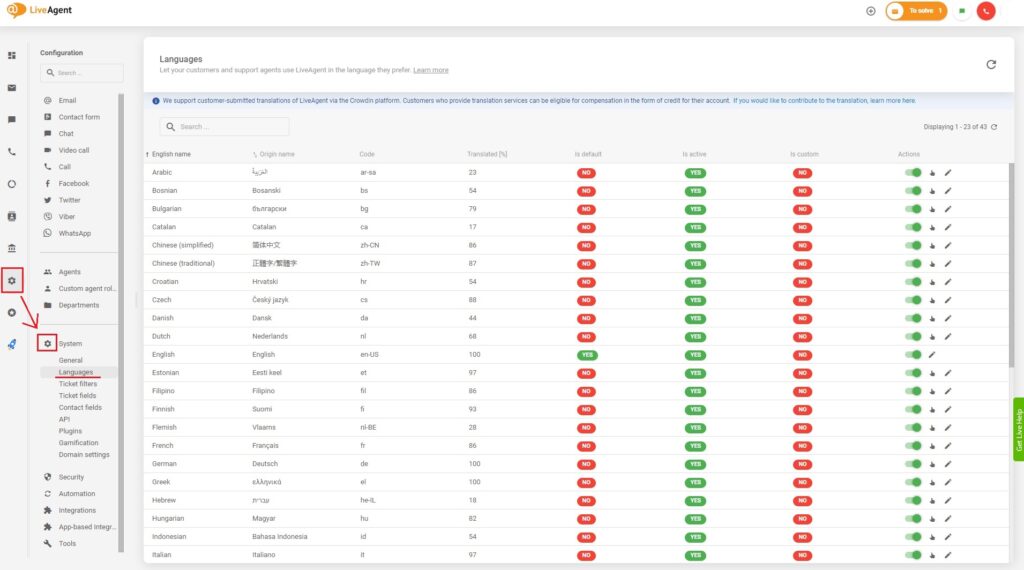 Todas las idiomas disponibles en LiveAgent se pueden activar fácilmente en la interfaz del agente.