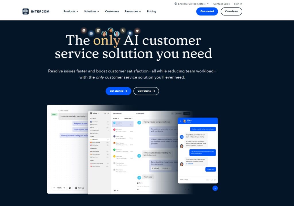Página de inicio de Intercom, una alternativa a Help Scout para software de mesa de ayuda.