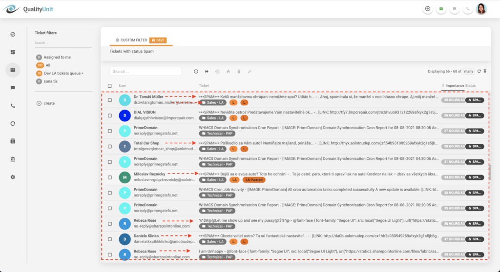 Funcionalidad del filtro de SPAM que señala mensajes de SPAM en LiveAgent.