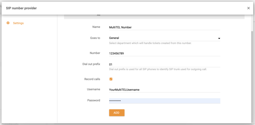 Pantalla de configuración del número MultiTEL en LiveAgent