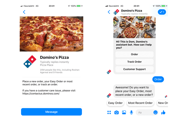Imagen que muestra dos capturas de pantalla de las capacidades de chat en vivo de Messenger de Domino's Pizza para realizar un pedido.
