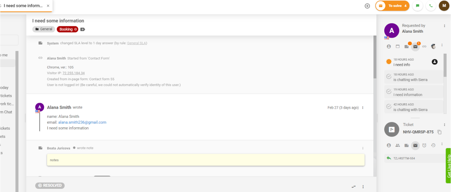 compose-message-preview Interfaz de la función de tickets de LiveAgent, incluyendo datos de clientes