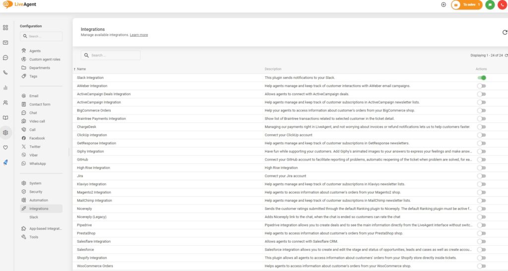 Activar integraciones en LiveAgent