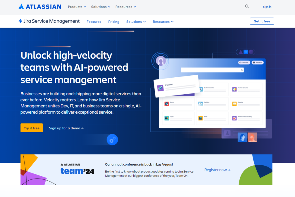 Página de inicio de Jira Service Management, una alternativa de Help Scout para software de mesa de ayuda