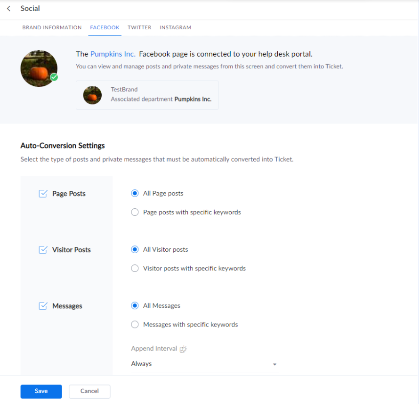 Zoho Desk - página de Facebook conectada con éxito