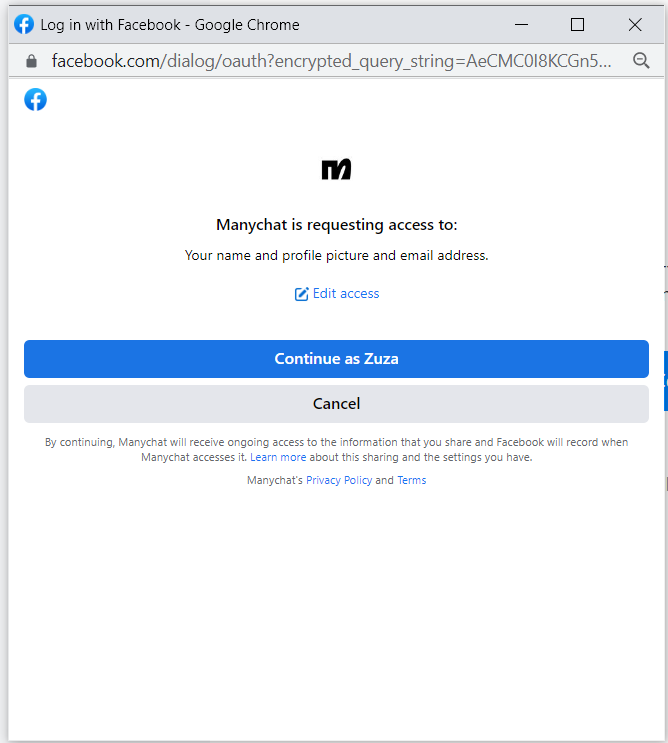 Manychat solicitando acceso a Facebook.