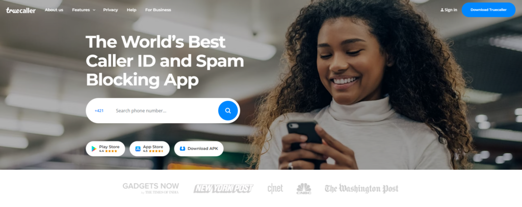 Página de inicio de TrueCaller