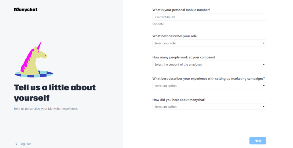 Proceso de registro de Manychat.