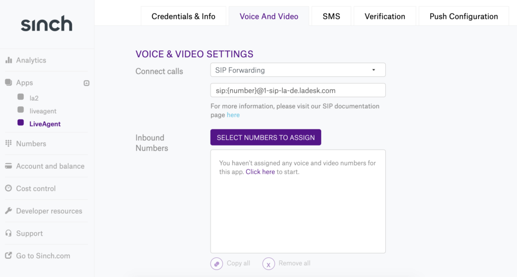 Configuración de voz y video de Sinch en la nueva configuración de la aplicación con el reenvío SIP seleccionado